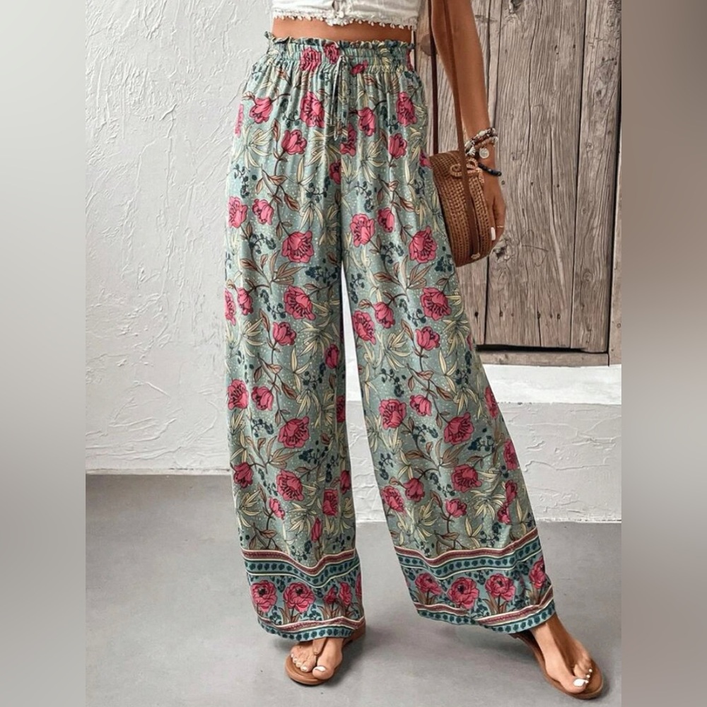 Bohemian Floral Paisley Wide Leg Pant Festival Travel Beach - Picture 2 of 3